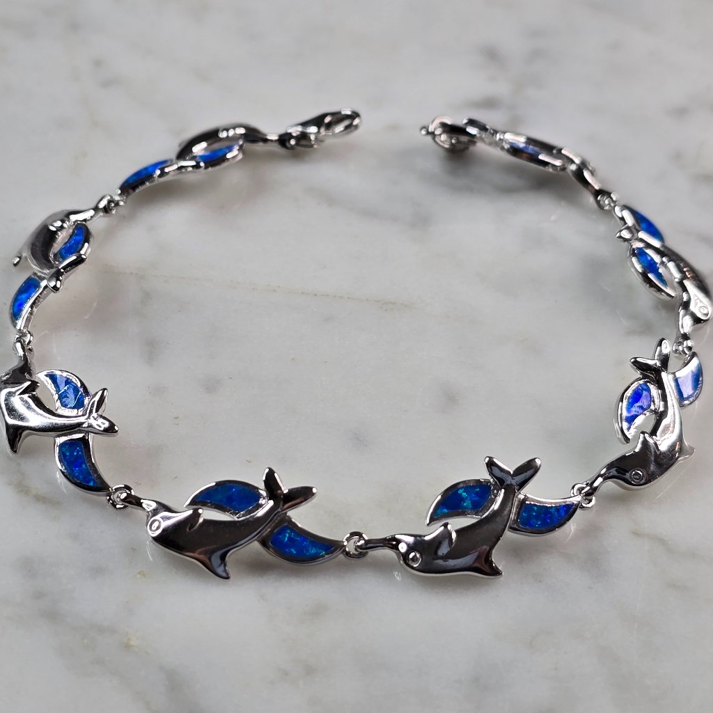 Womens Sterling Silver Opal Dolphin Bracelet 12.1g E3122